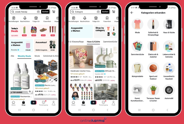 Trois vues de la boutique TikTok présentant les offres, la recherche de produits et les catégories