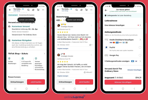 Trois vues de la boutique TikTok présentant le panier, les avis et le processus de paiement