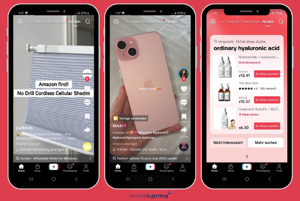 Trois types de contenu TikTok avec des publicités intégrées au flux et la recherche de produits