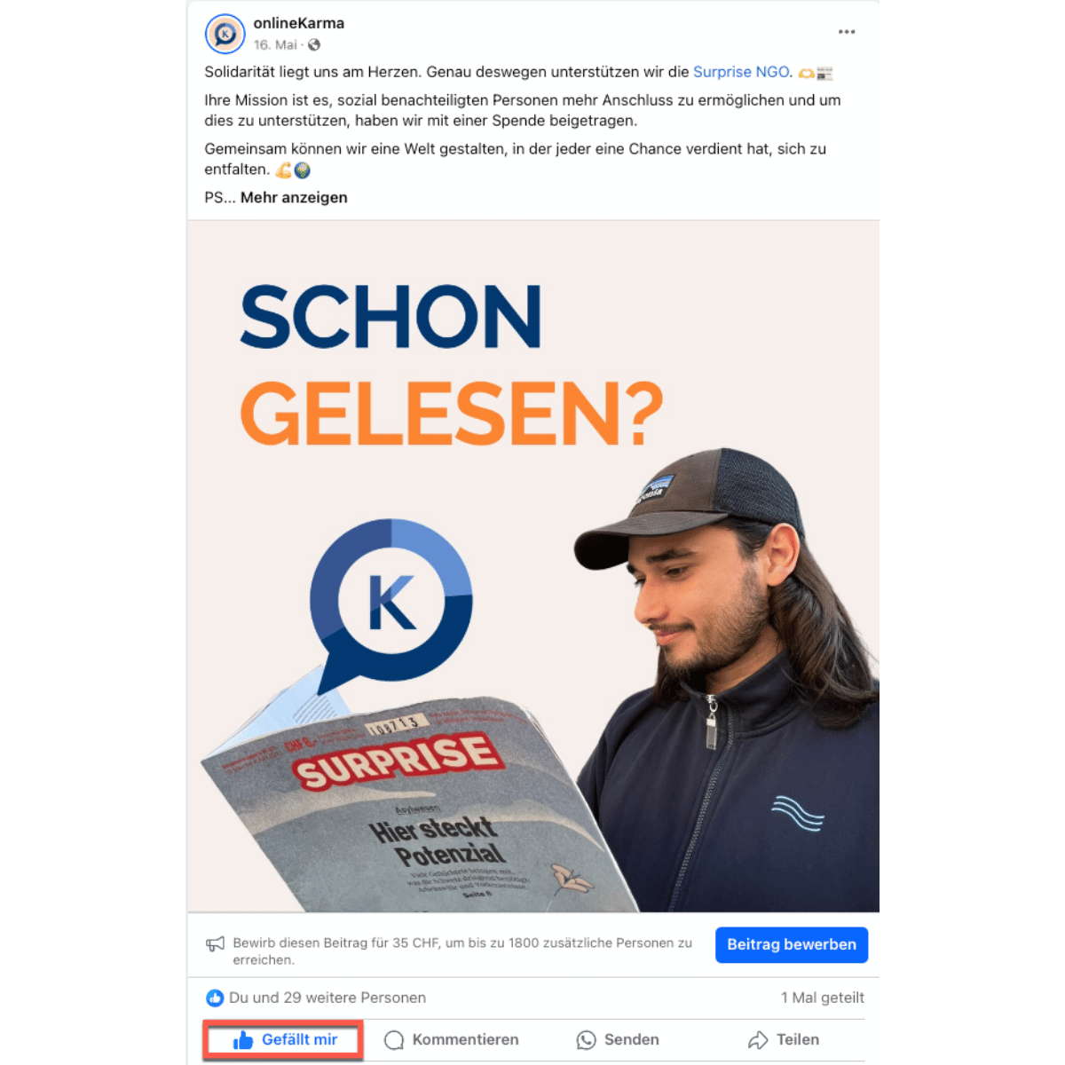 Facebook post with a highlighted "Like" button
