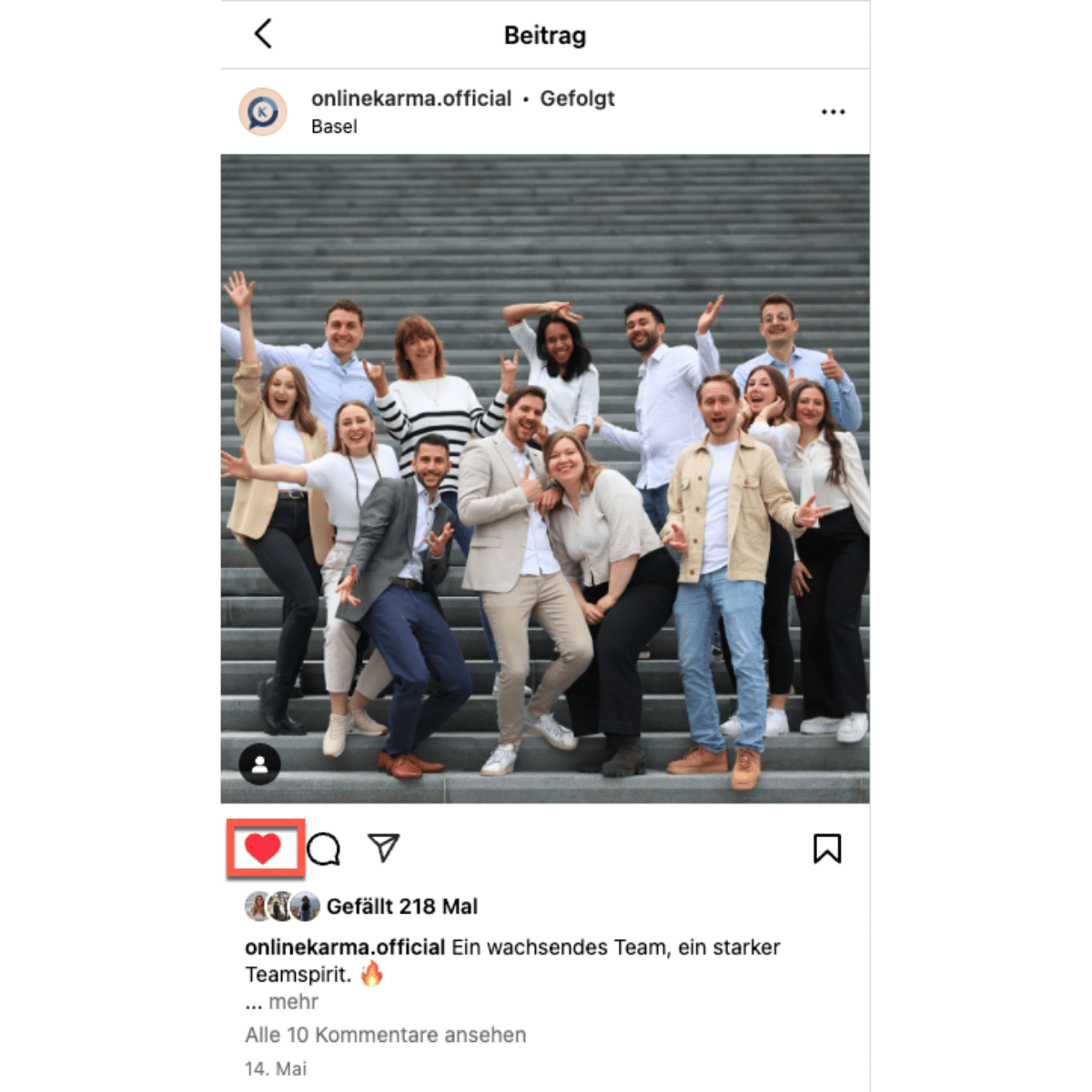 Instagram post with a heart icon tagged