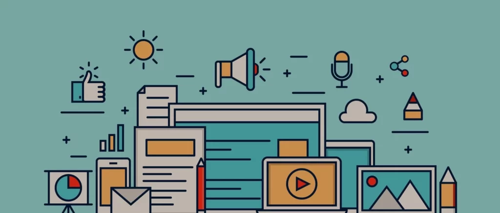 Illustration mit digitalen Geräten, Inhalten und Medienformaten für Content Marketing.
