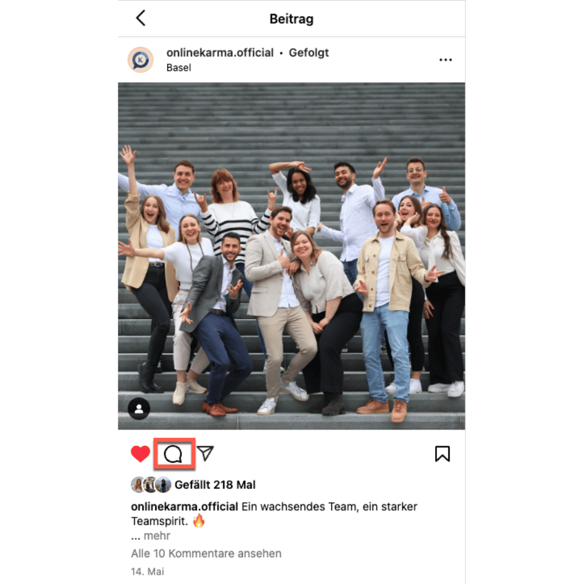 Instagram post with a highlighted comment icon