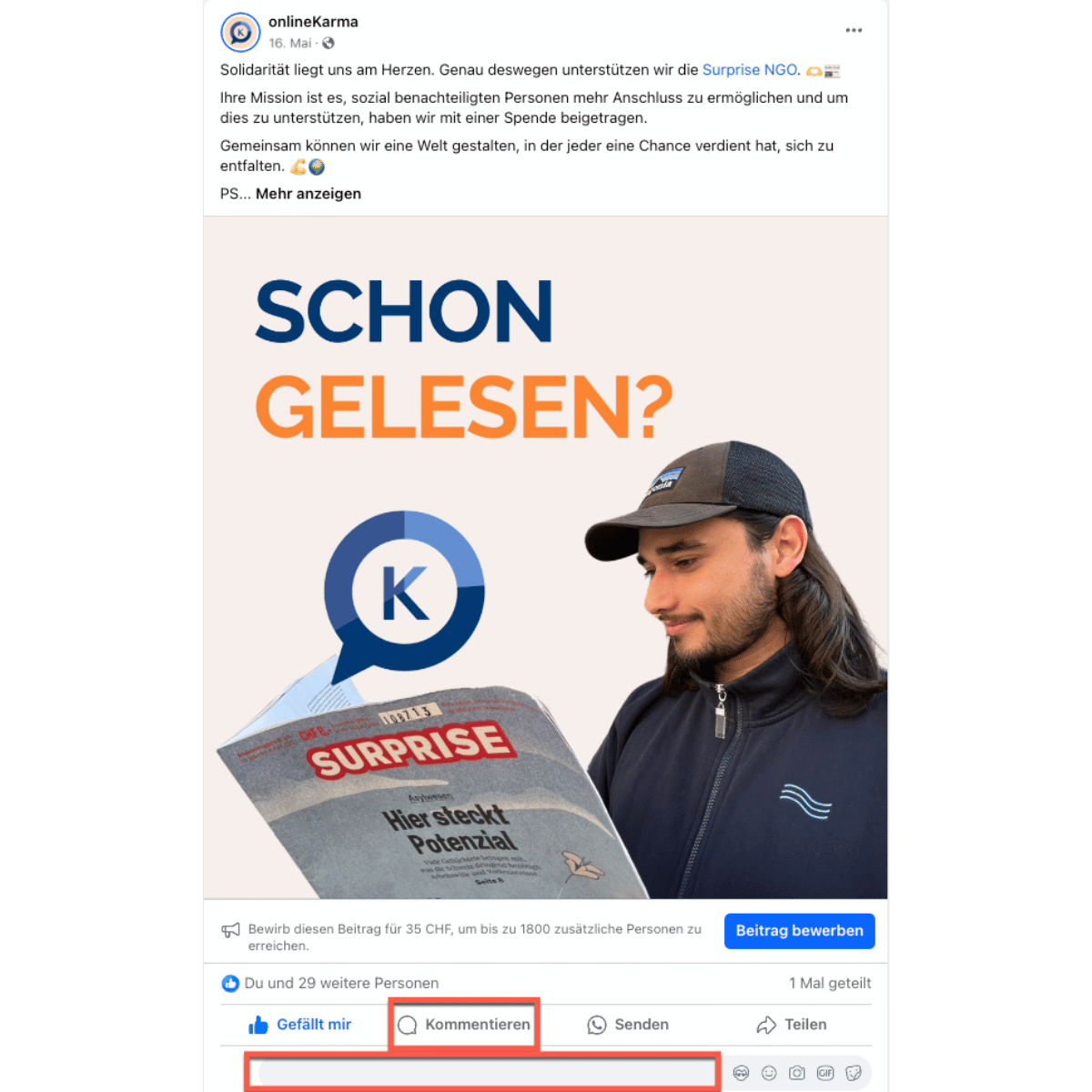 Facebook post with a highlighted comment button and text field