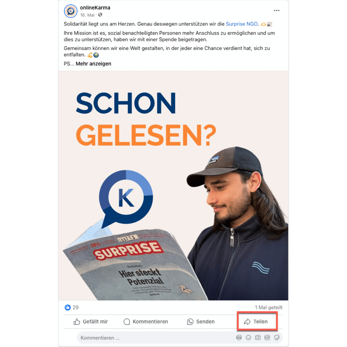 Facebook post with a highlighted "Share" button