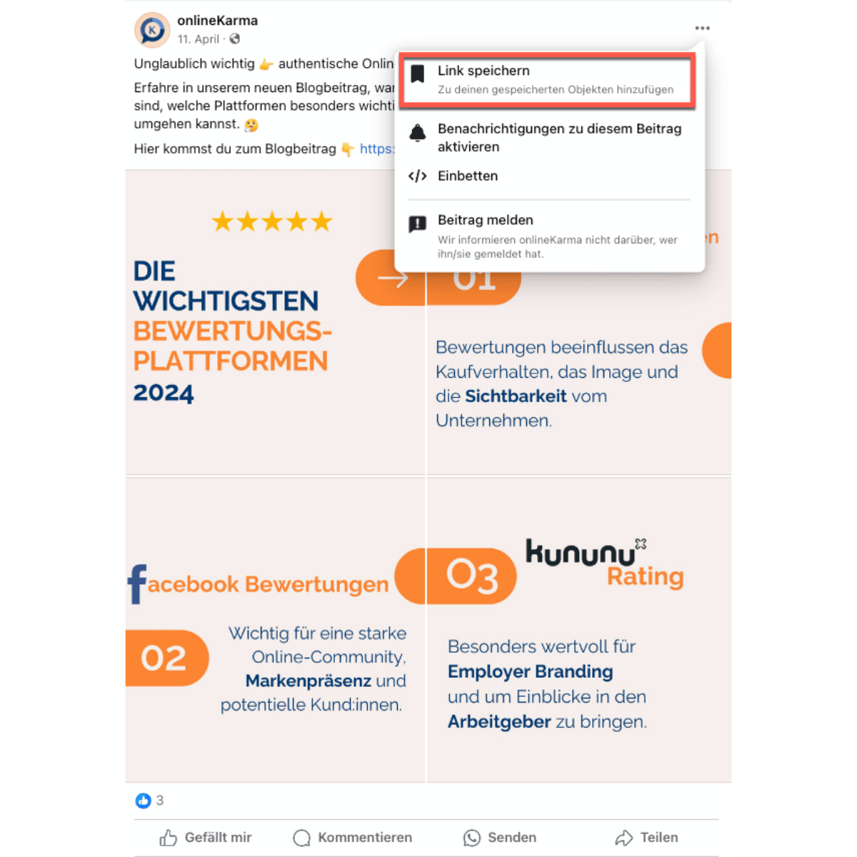 Facebook menu with the "Save Link" option highlighted