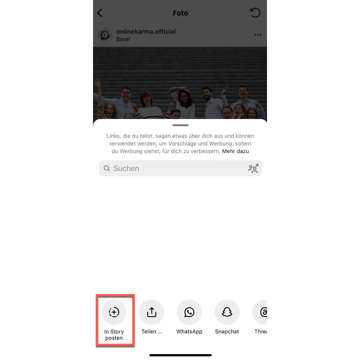 Instagram menu with the "Post to Story" option highlighted