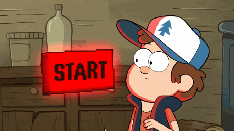 Animated character next to a glowing start button