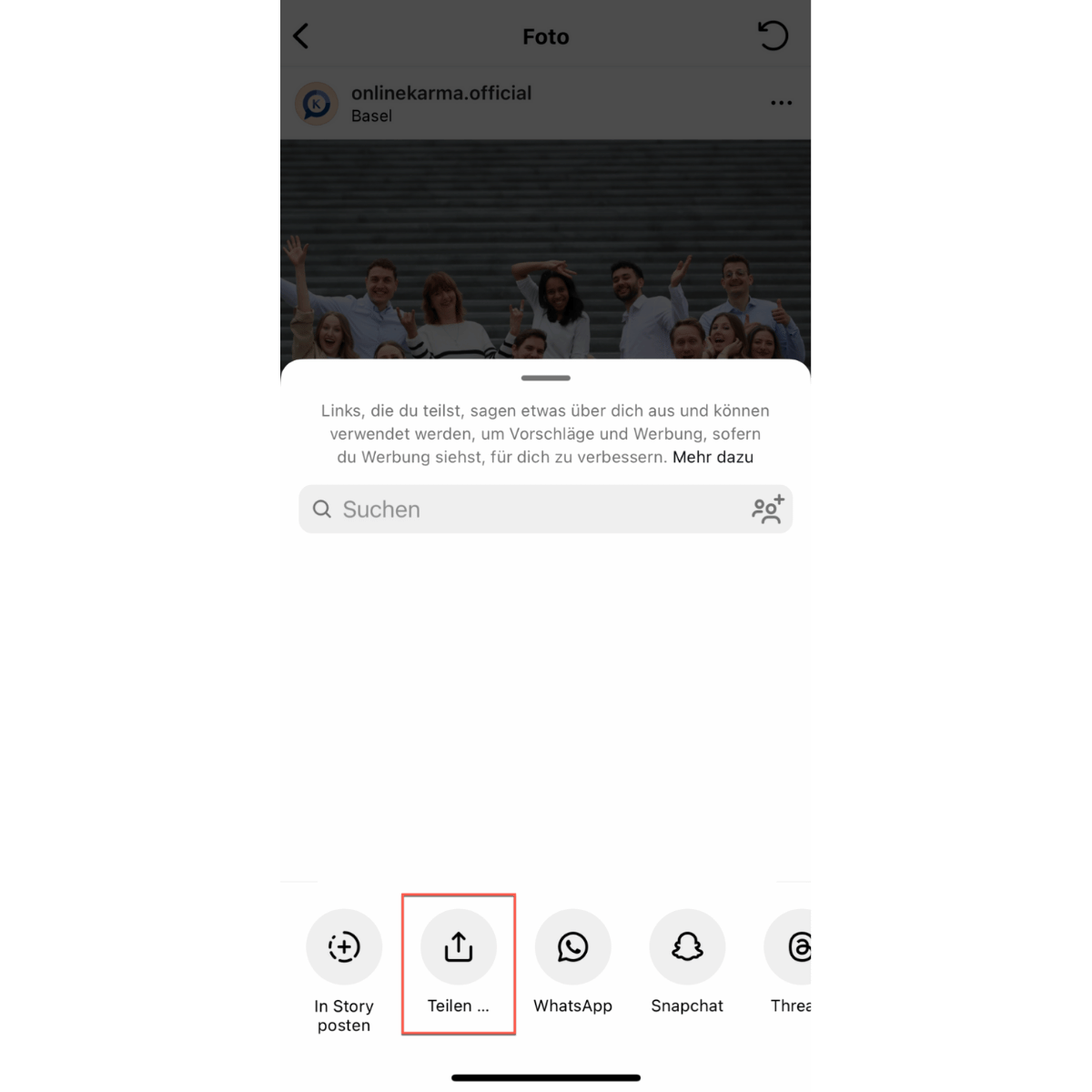 Instagram menu with a highlighted "Share" button