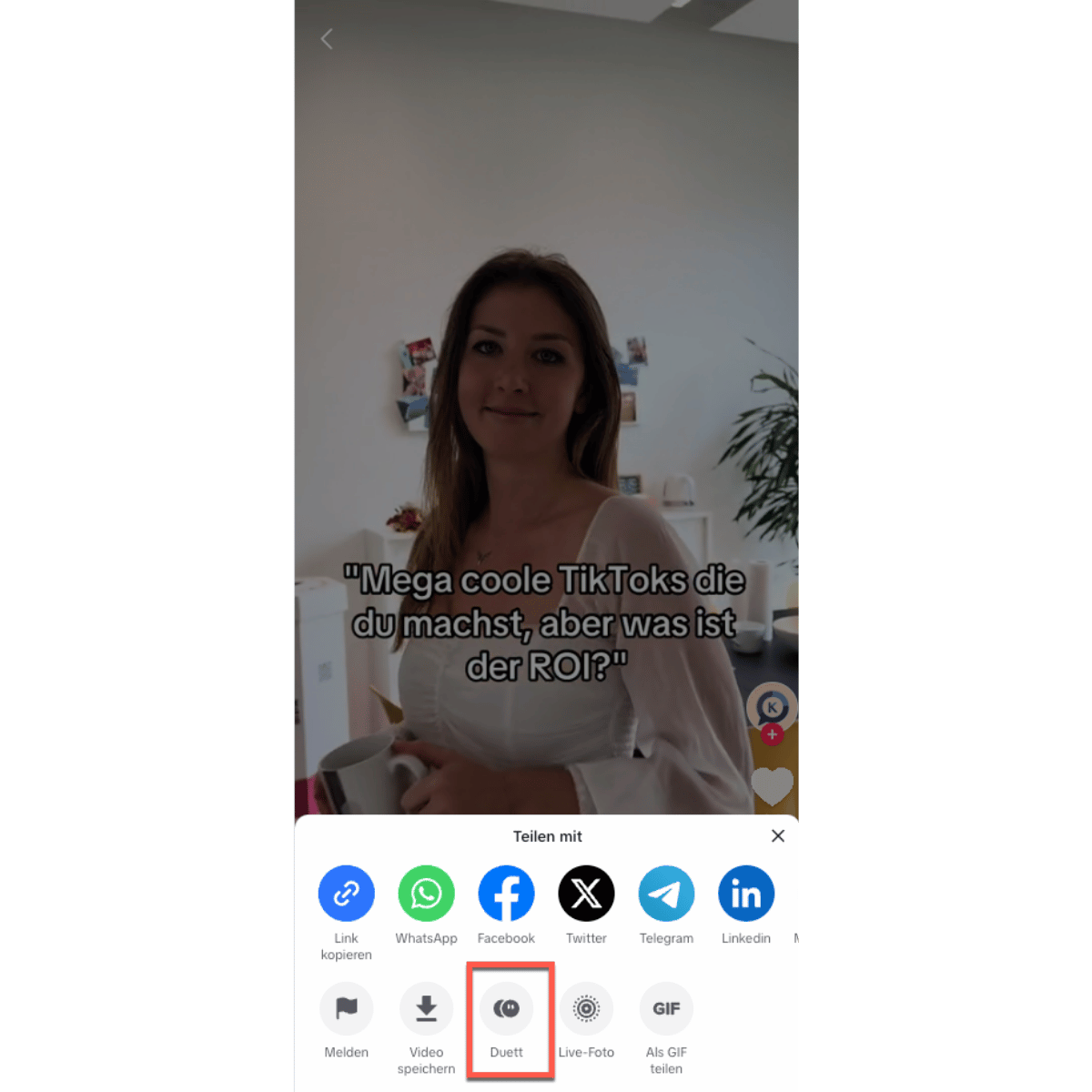 TikTok share menu with highlighted duet feature