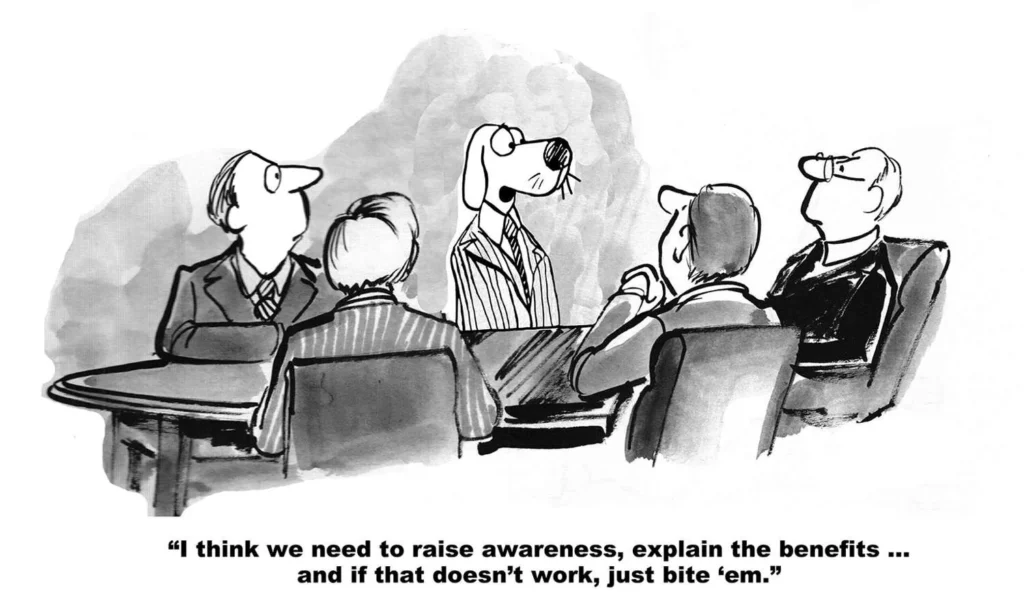 Cartoon about brand awareness featuring a dog in a business meeting