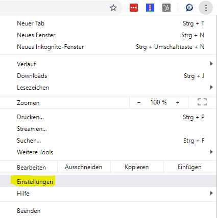 Chrome menu with the "Settings" entry highlighted