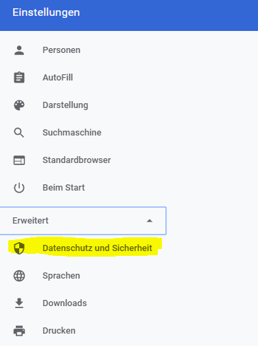 Chrome settings with the “Privacy and Security” section highlighted