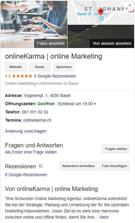 Historical Google My Business listing for onlineKarma, including location, hours of operation, and reviews