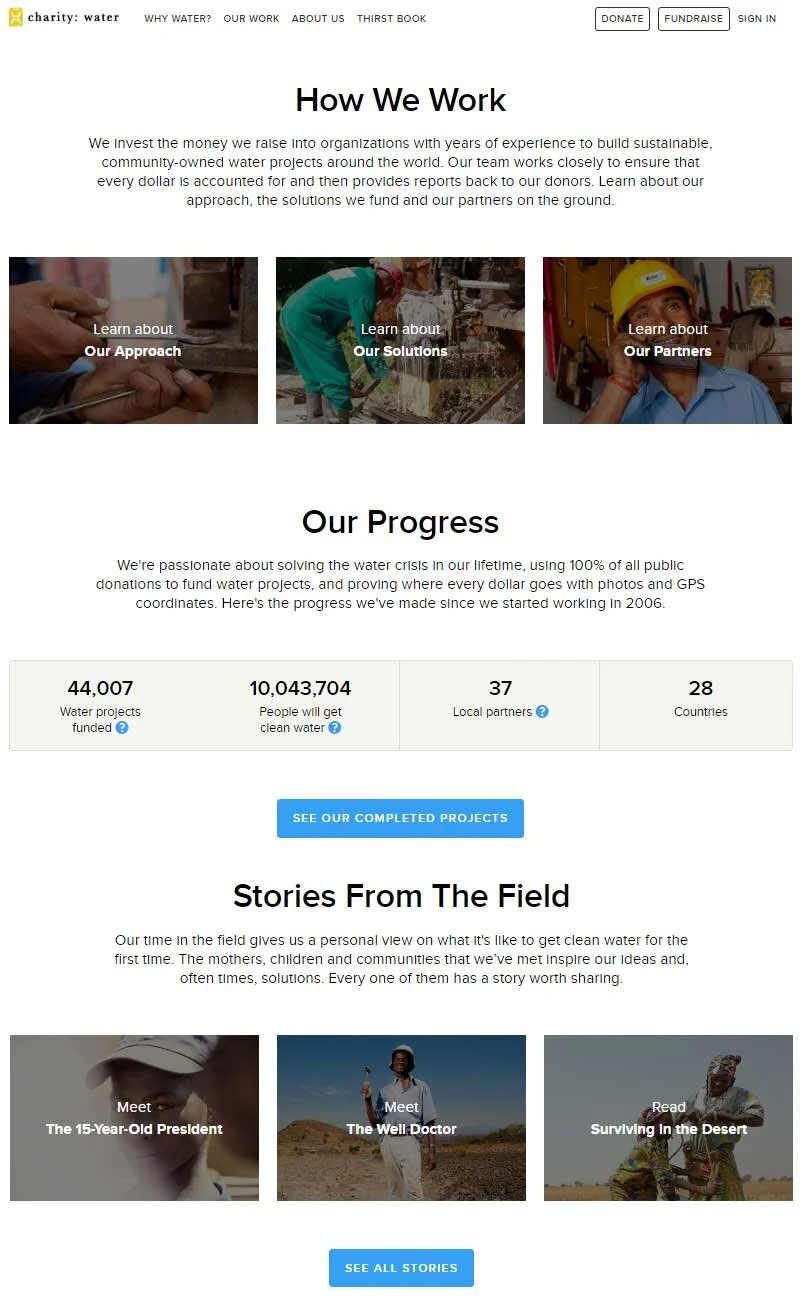 charity: water's page on historical impact, featuring project and progress statistics