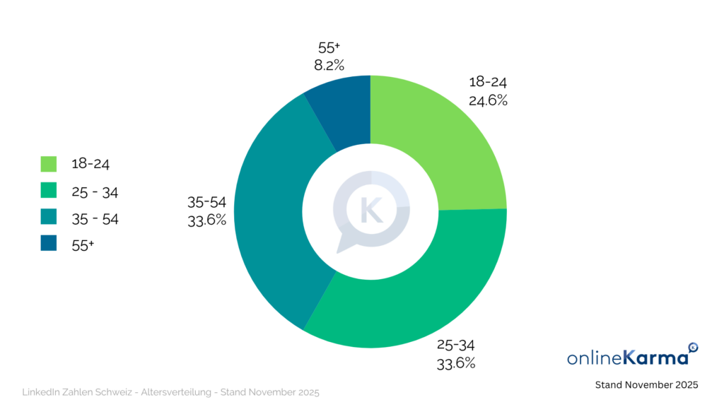 Age distribution of LinkedIn users in Switzerland in November 2025: 18–24 years old 24.6%, 25–34 years old 33.6%, 35–54 years old 33.6%, 55+ 8.2%.