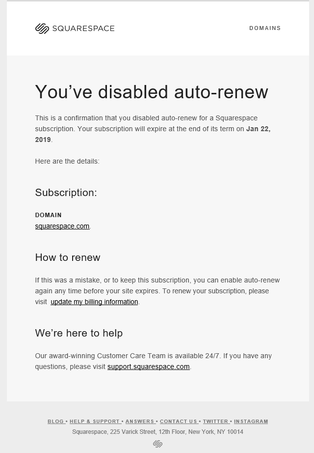 Fake Squarespace Email About Disabled Automatic Renewal