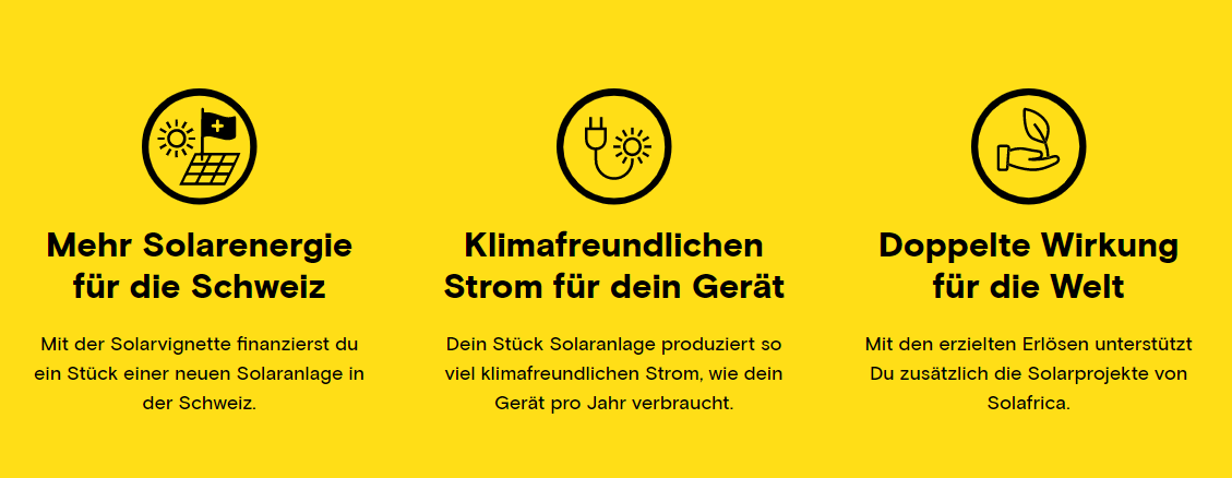 Infographic on the Solar Vignette: Solar Energy for Switzerland, Climate-Friendly Electricity, and Support for Solafrica