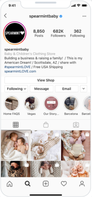 Profil Instagram historique avec le bouton « View Shop »