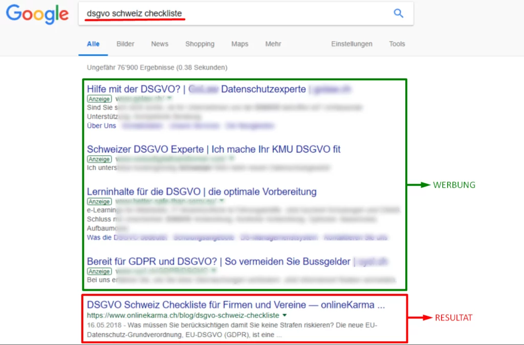 Google search results for "GDPR checklist Switzerland" with a highlighted organic onlineKarma post.