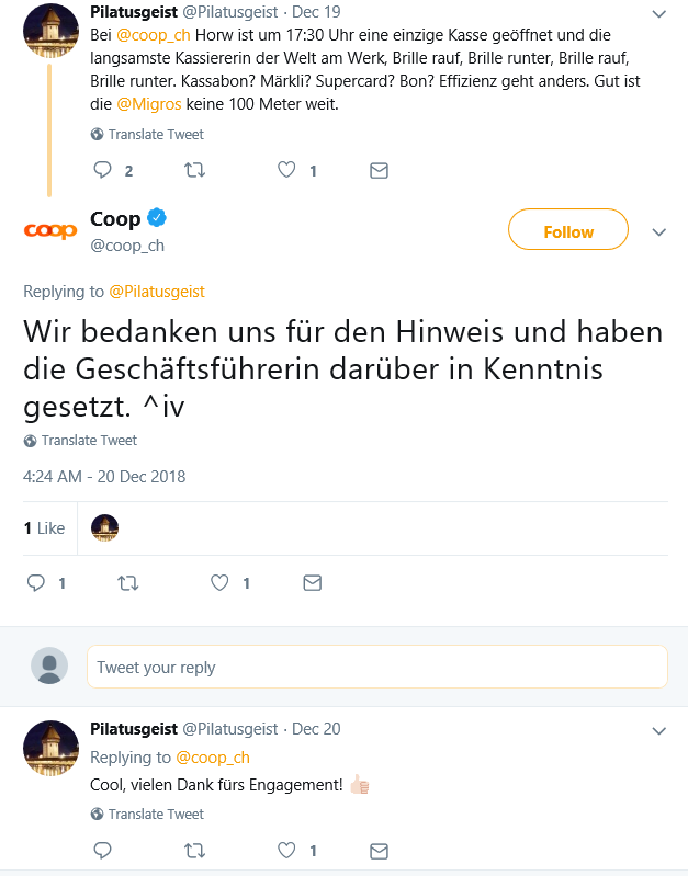 Twitter conversation between Pilatusgeist and Coop regarding a complaint at the register.