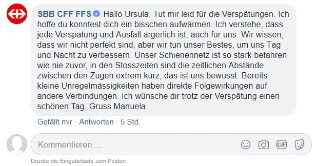 SBB's Facebook response to a complaint about delays.