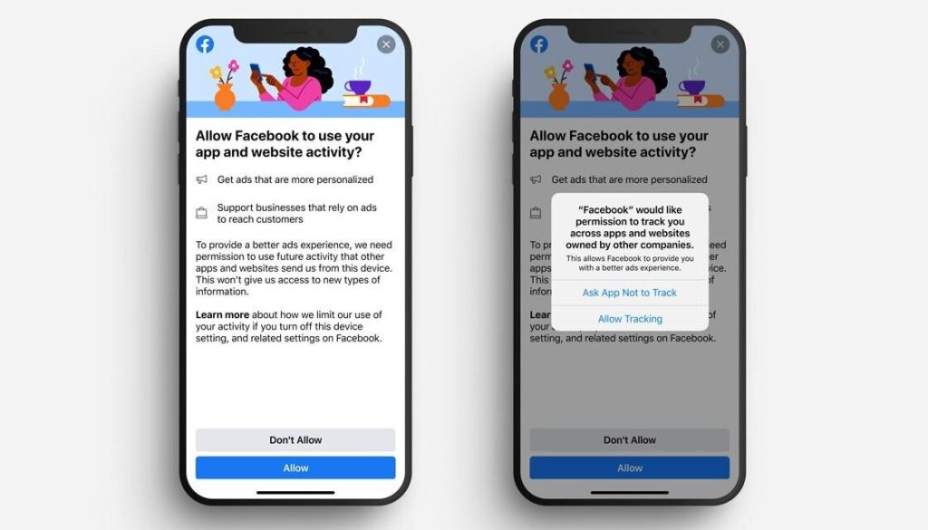 Facebook and Apple prompts regarding tracking permission on the iPhone