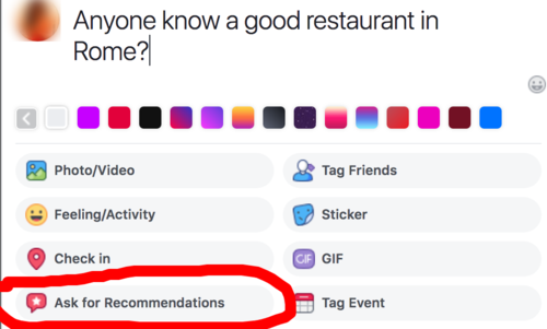 Facebook post dialog with the "Ask for Recommendations" feature highlighted in red.