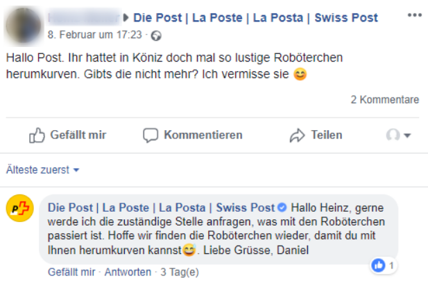 A Facebook discussion about missing postal robots, featuring a humorous response from Swiss Post.