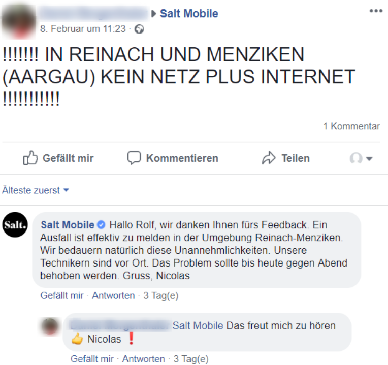 Facebook conversation regarding a complaint about a network outage and Salt Mobile's response.