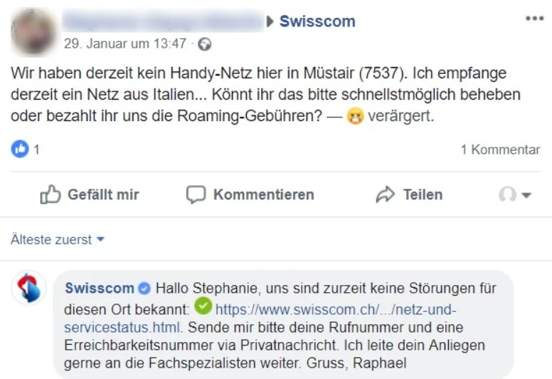 Facebook conversation regarding a lack of cell phone service, including a response and contact information from Swisscom.