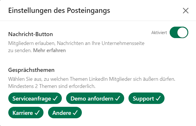 LinkedIn Inbox Settings with the Messages Button and Conversation Topics Enabled