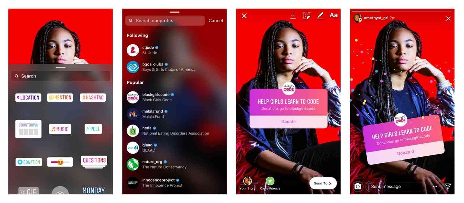 Quatre exemples de stories Instagram illustrant comment choisir une organisation et utiliser l'autocollant de don.