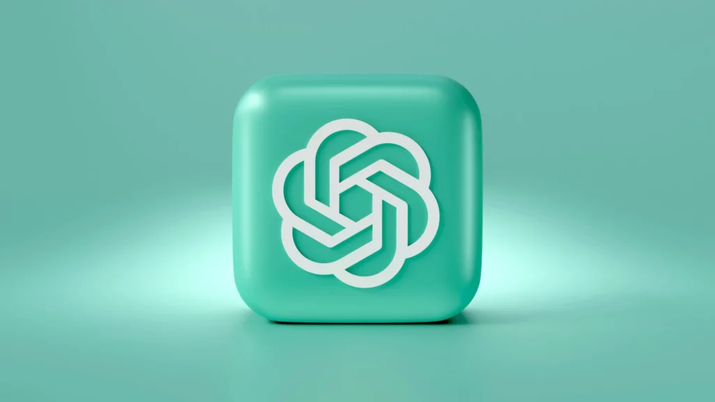 White OpenAI logo on a turquoise 3D icon