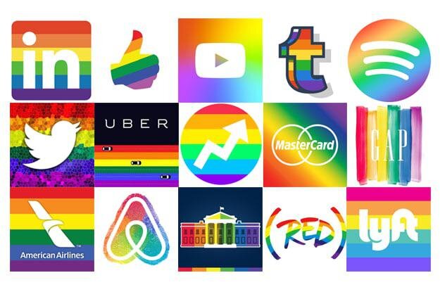 Collage de logos de marques connues aux couleurs de l'arc-en-ciel.