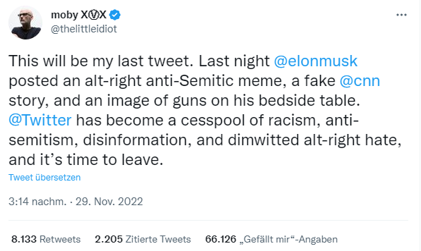 Tweet d'adieu de Moby sur Twitter