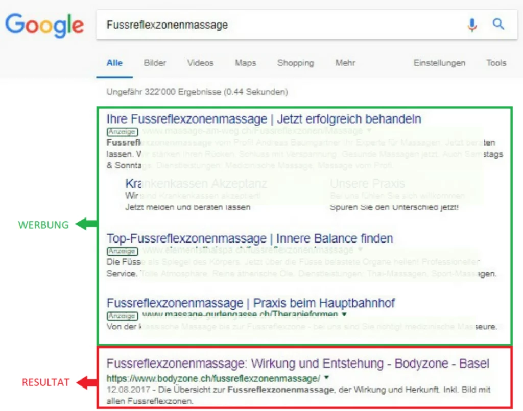 Google search results for "foot reflexology" featuring a highlighted organic Bodyzone post.