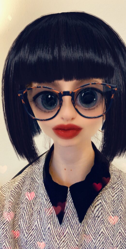 Woman with a black wig, glasses, and a big-eyes Snapchat filter