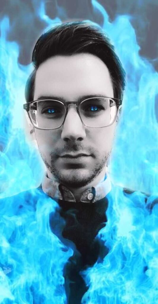 Man with blue flames and glowing eyes in a Snapchat filter