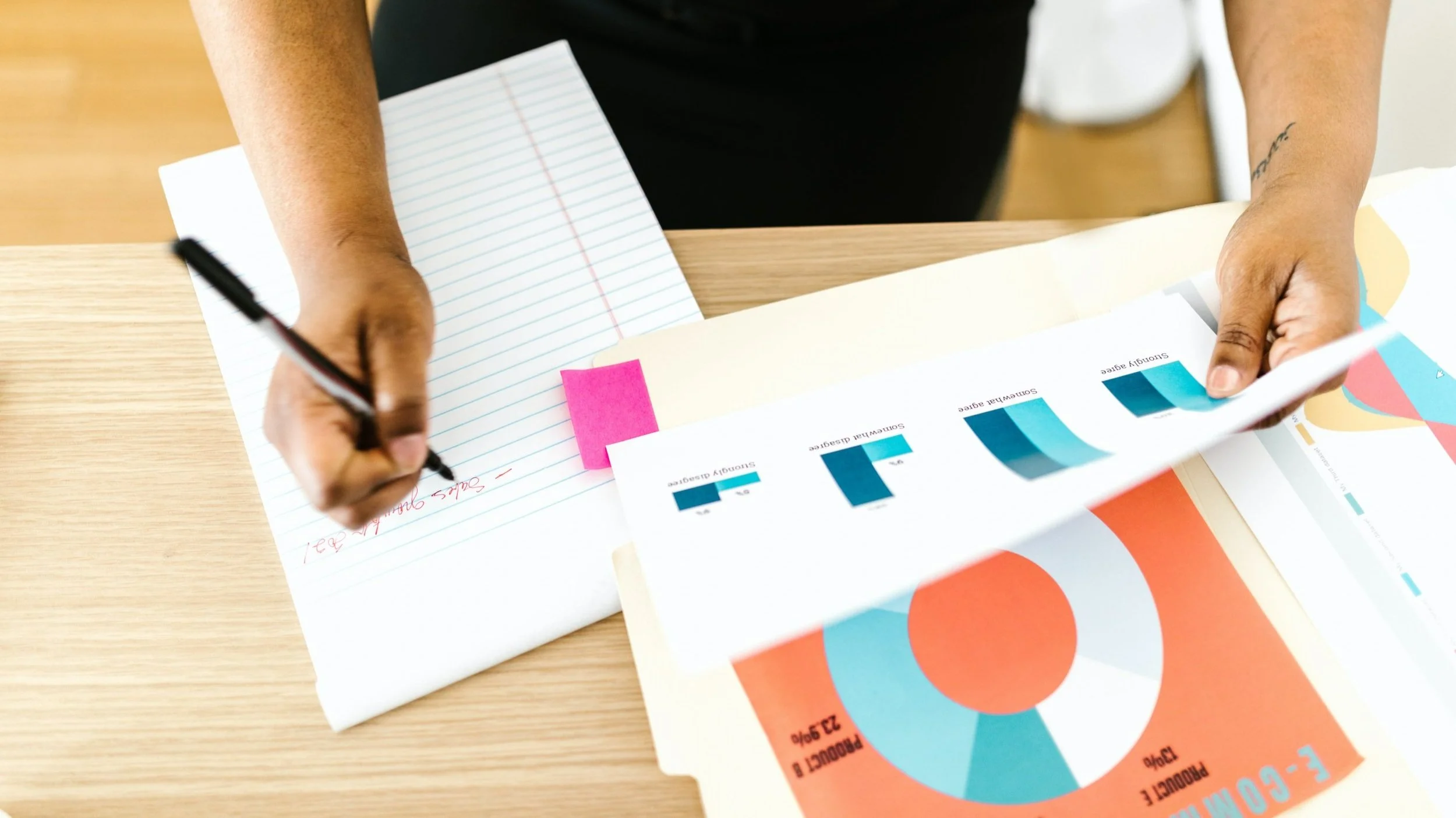 A person analyzes charts and records marketing goals