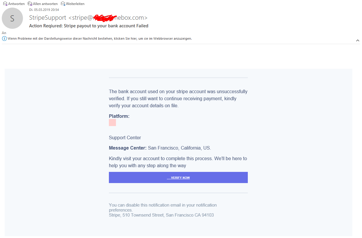 Fake Stripe support email with a false sender address