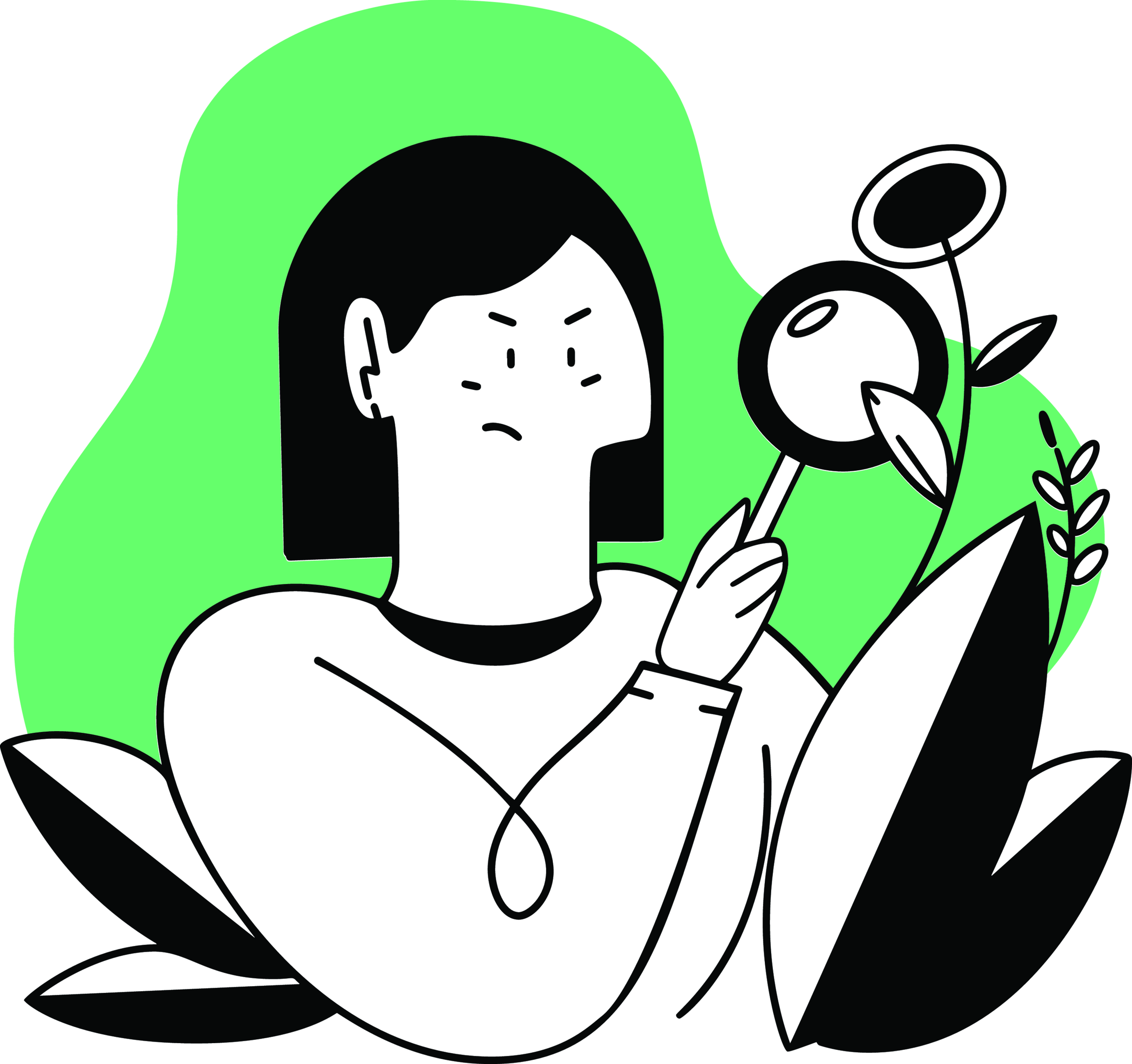 Illustration représentant une personne observant une fleur à l'aide d'une loupe