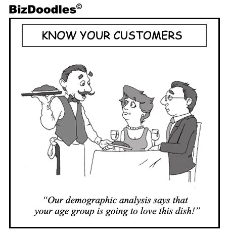 BizDoodles illustration on customer segmentation featuring a waiter and guests