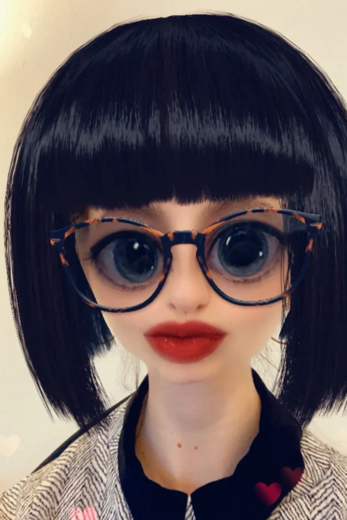 Woman with a black wig, glasses, and a Snapchat filter that makes her eyes look big